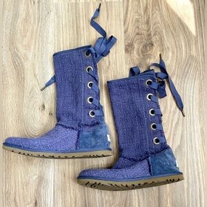 Womens UGG Heirloom Ribbon Lace Up Purple Woven Cloth Boots Mid Calf SZ 9 EUC